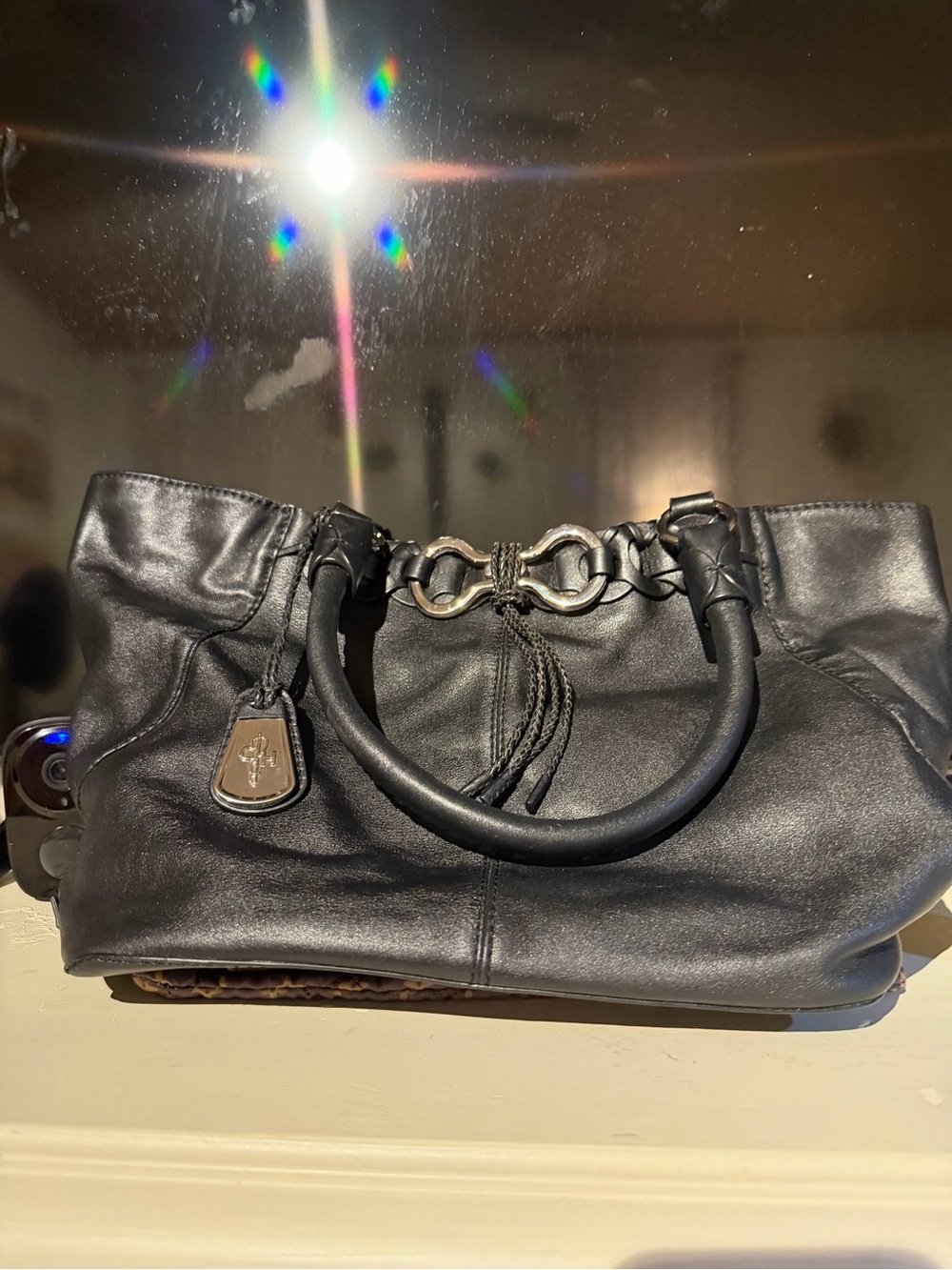 Cole Haan Black Leather Shoulder Tote with Silver Accents